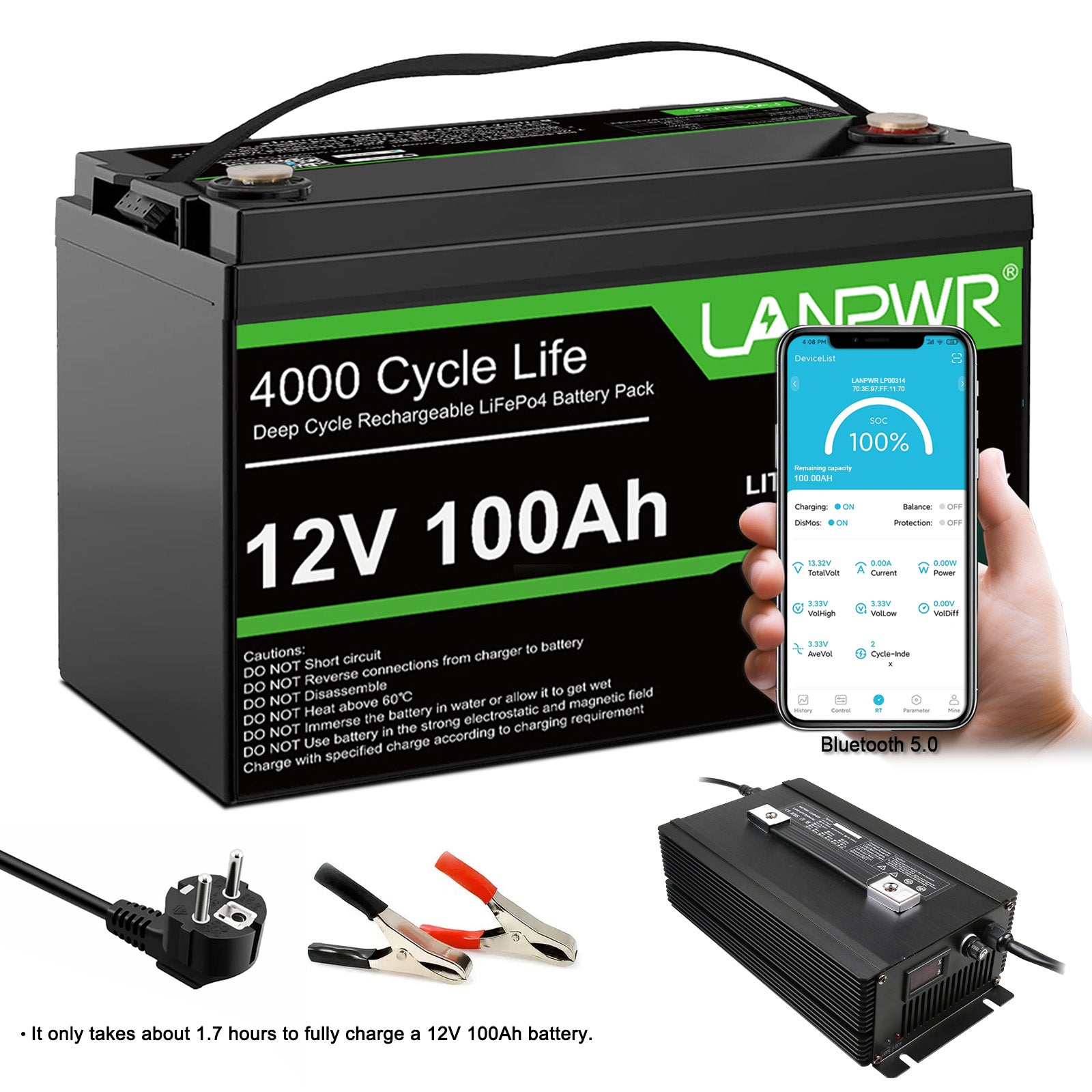 LANPWR 12V 100Ah LiFePO4 Battery with Bluetooth 5.0, 4000+ Deep Cycle Lithium Battery