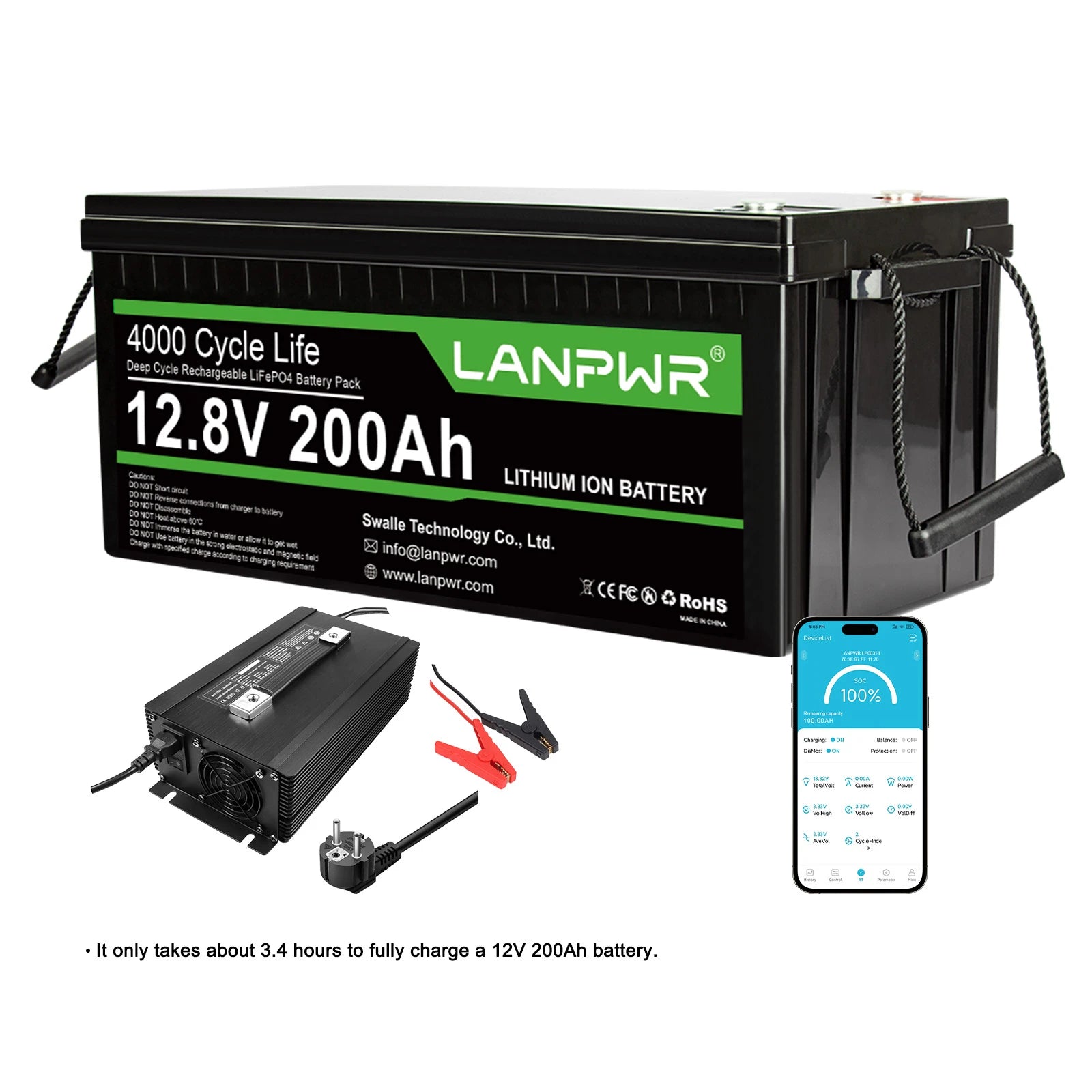LANPWR 12V 200Ah Plus LiFePO4 Battery with Bluetooth 5.0, Maximum Load Power 2560W, 2560Wh Energy