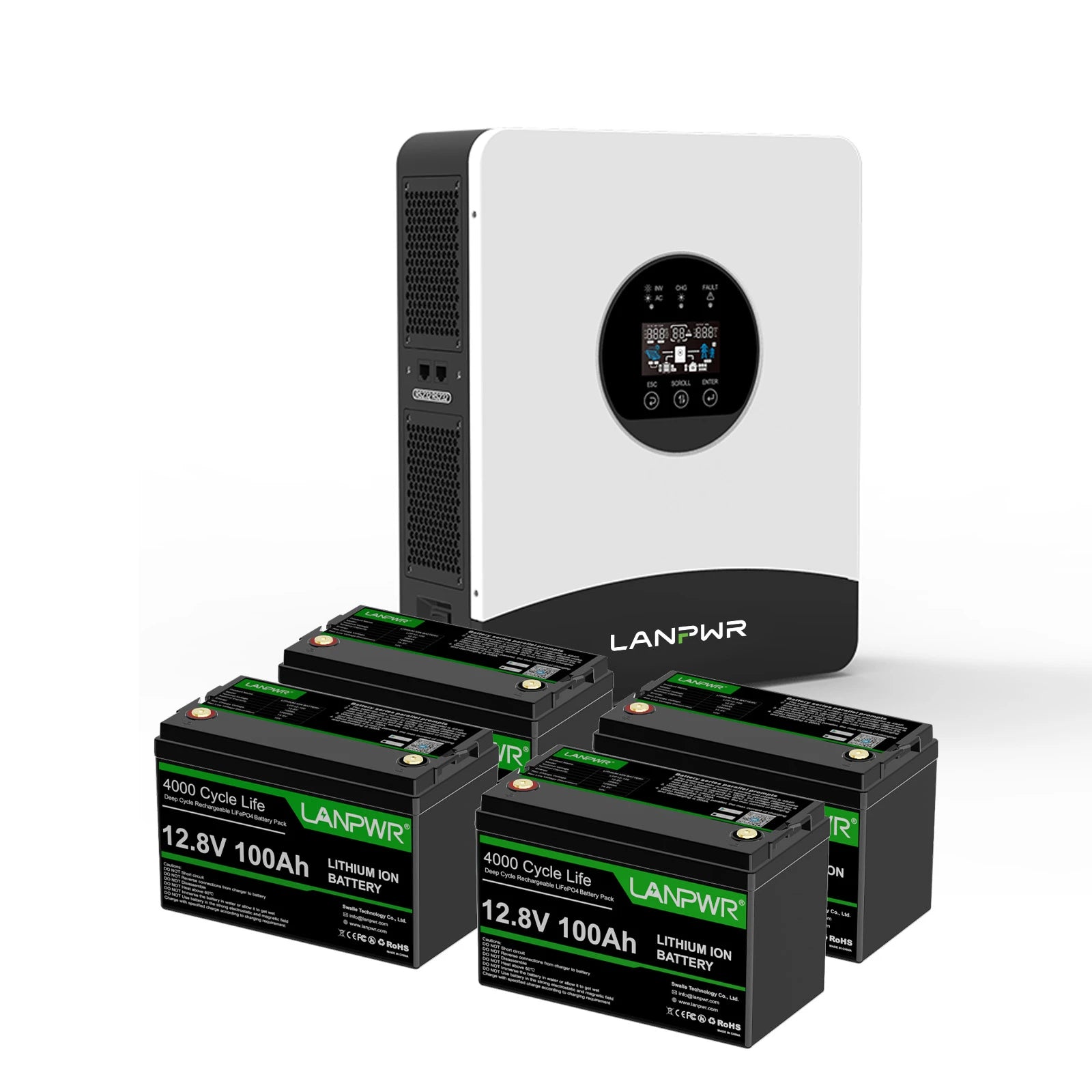 LANPWR 3000W 5120Wh Off‑Grid Solar Kit - 24V 3000W Off-grid Inverter, 4x12V 100Ah LiFePO4 Lithium Battery