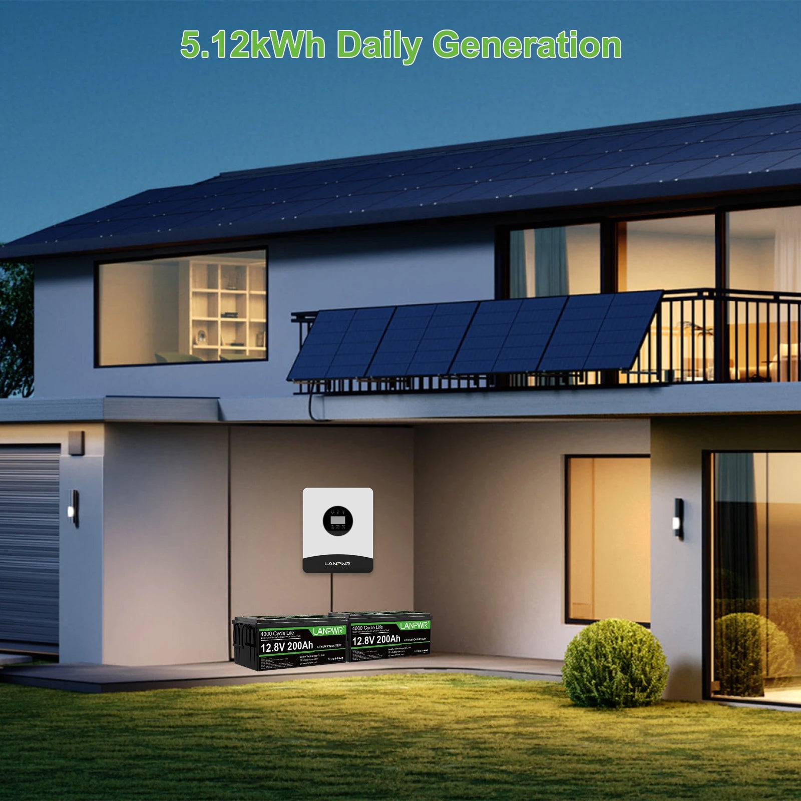 LANPWR 3000W 5120Wh Off‑Grid Solar Kit - 24V 3000W Off-grid Inverter, 2x12V 200Ah Bluetooth LiFePO4 Battery