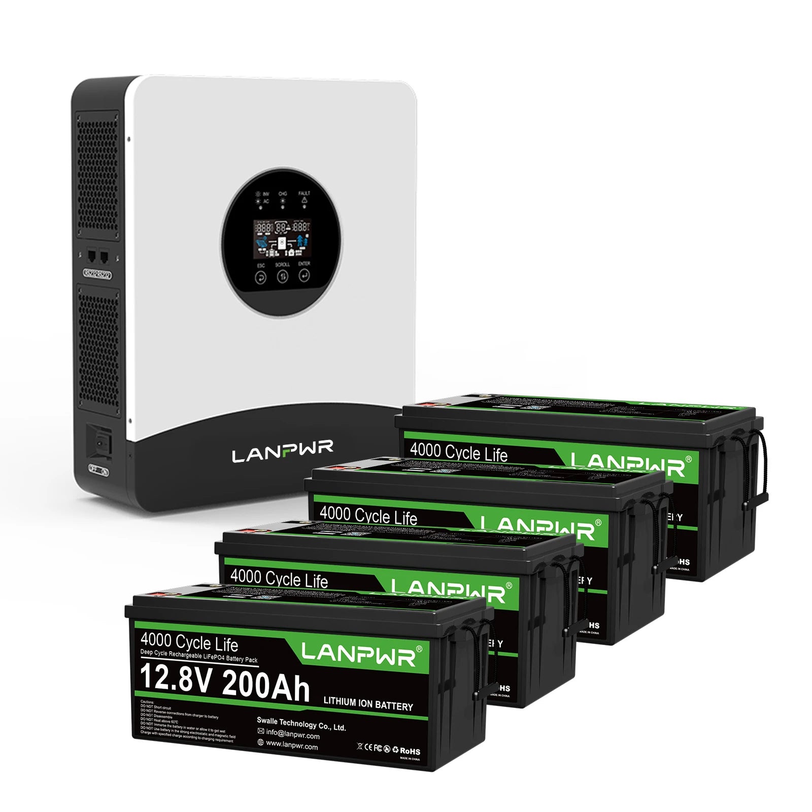 LANPWR 3000W 5120Wh Off‑Grid Solar Kit - 24V 3000W Off-grid Inverter, 2x12V 200Ah Bluetooth LiFePO4 Battery