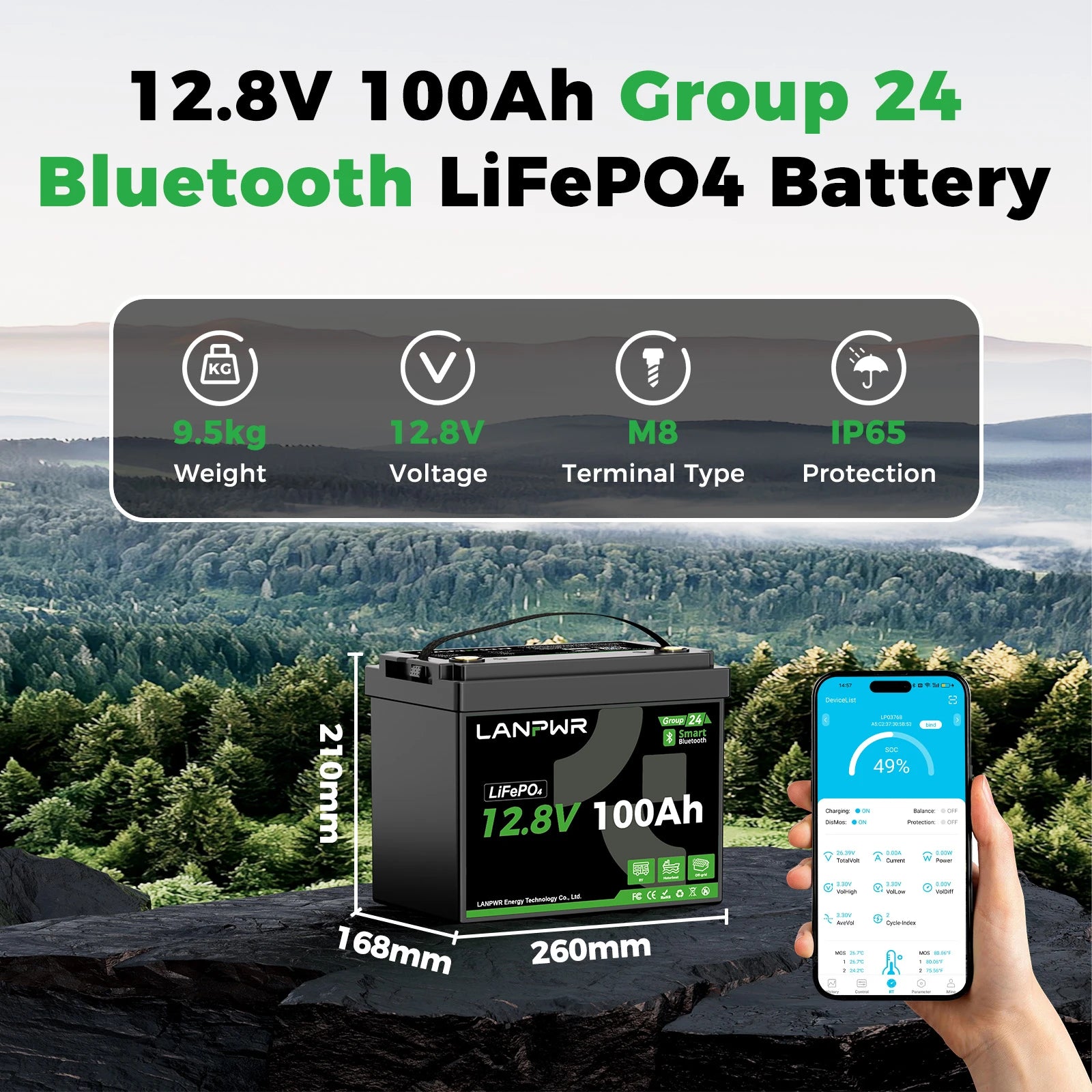 LANPWR 12V 100Ah G24 Mini Smart Deep Cycle LiFePO4 Lithium Battery