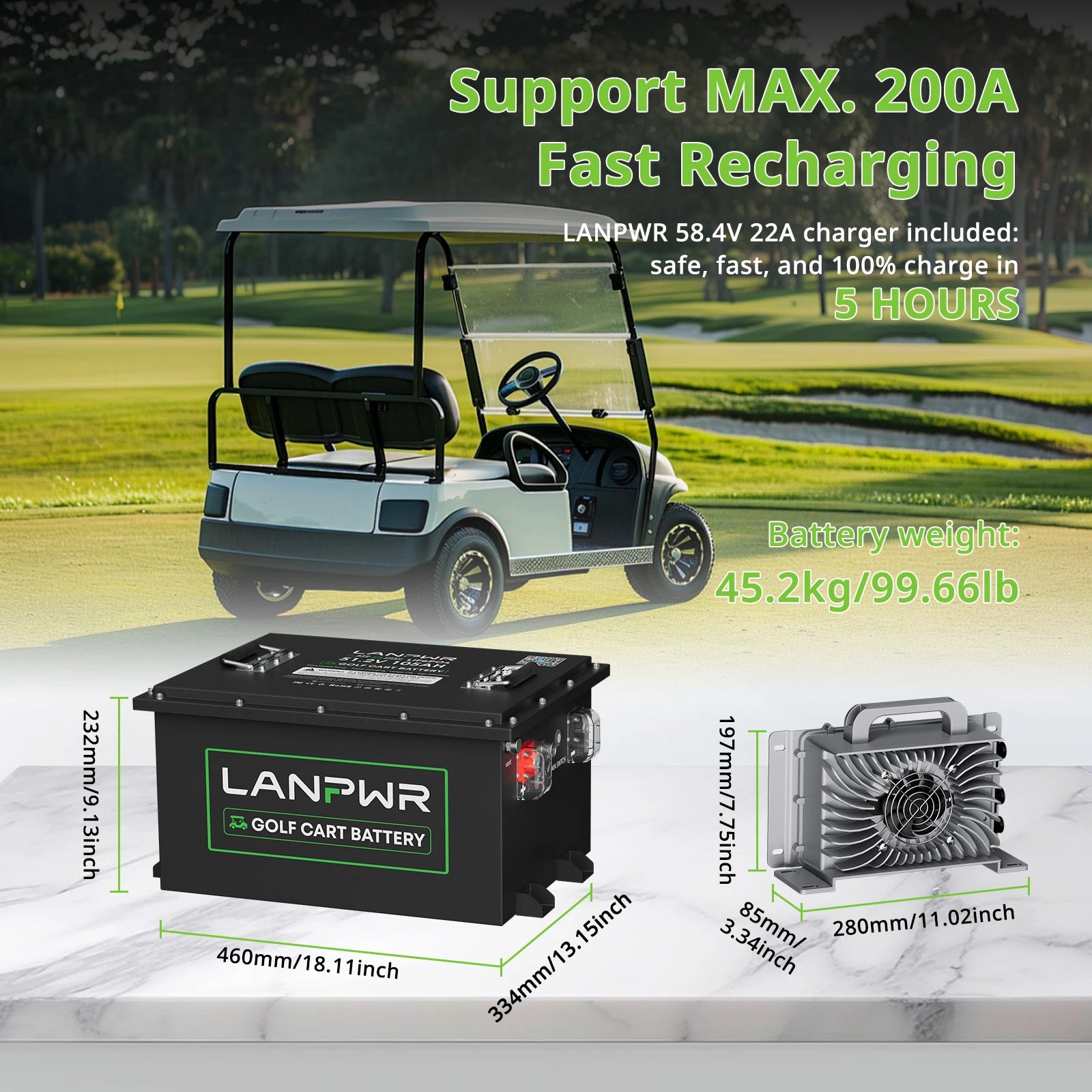 LANPWR 48V 105Ah Bluetooth LiFePO4 Golf Cart Lithium Battery, 200A BMS, Max 10.24kW Power