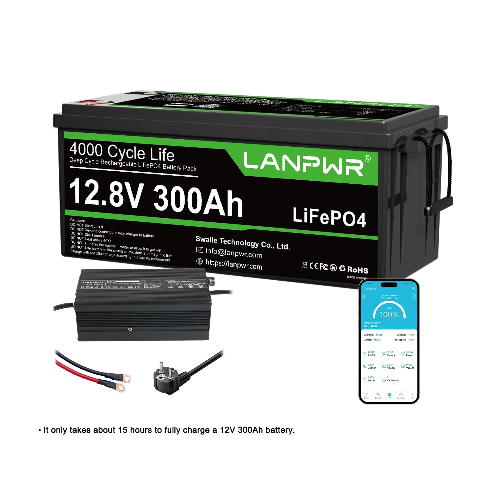 LANPWR 12V 300Ah LiFePO4 Battery with Bluetooth 5.0, Maximum Load Power 2560W, 3840Wh Energy