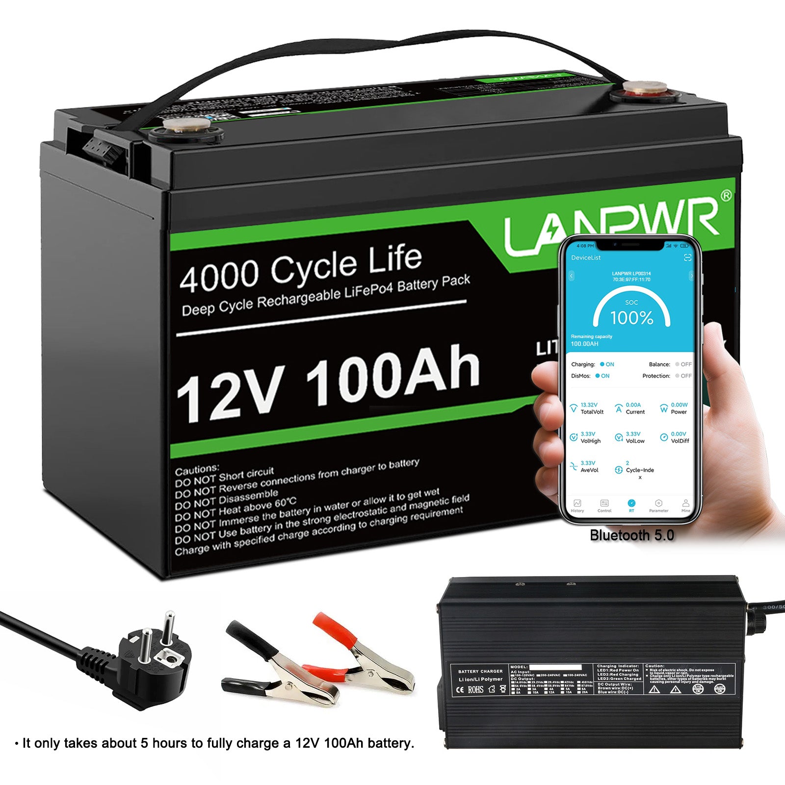 LANPWR 12V 100Ah LiFePO4 Battery with Bluetooth 5.0, 4000+ Deep Cycle Lithium Battery