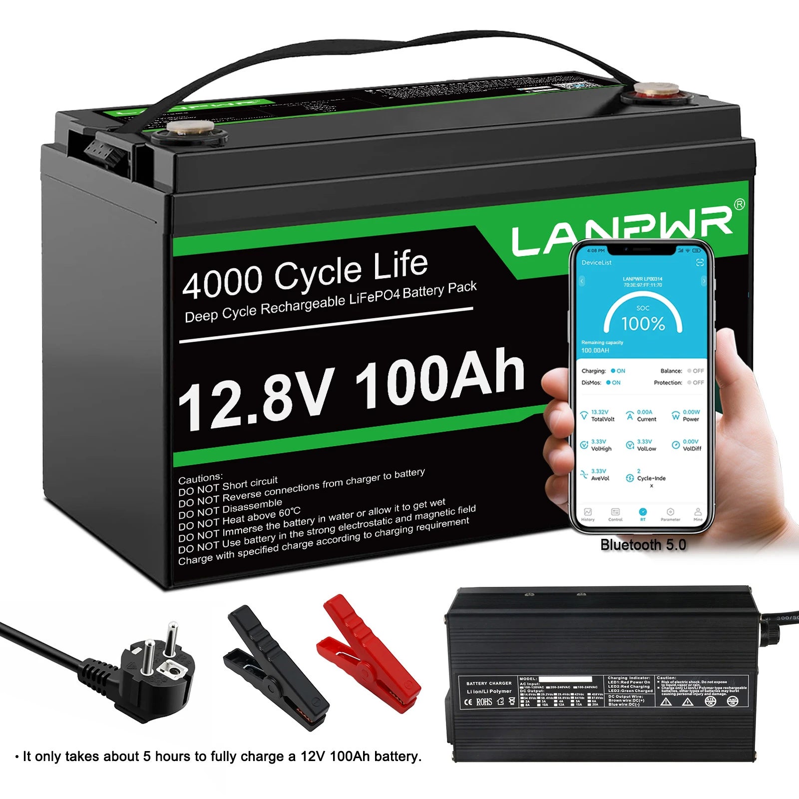 LANPWR 12V 100Ah LiFePO4 Battery with Bluetooth 5.0, 4000+ Deep Cycle Lithium Battery